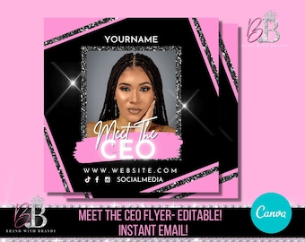 Meet the CEO flyer, Entrepreneur flyer, Website Launch Template, New Arrivals flyer, Canva DIY template, Nails-Hair-Lash-Brows-Makeup - BB01