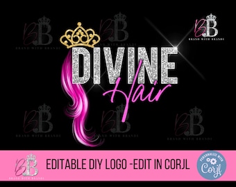 DIY Hair Logo, Editable Hair Logo, Wig Logo Design, Premade Beauty Logo, Hair Extensions Logo, Hair Bundles, Glam Logo