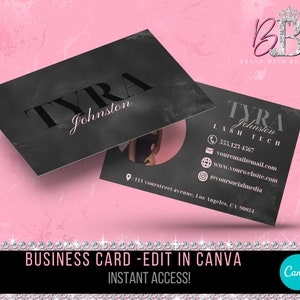 May include: Black and white business card template with a pink background. The card features the text "TYRA Johnston LASH TECH" and contact information. The text "BUSINESS CARD - EDIT IN CANVA INSTANT ACCESS!" is at the bottom of the card.