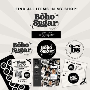 Pode incluir: Uma cole&ccedil;&atilde;o de produtos digitais em preto e branco para m&iacute;dia social. Os produtos incluem modelos do Instagram, logotipos e cart&otilde;es de visita. Os logotipos apresentam o texto "Boho Sugar" em uma fonte estilizada. Os cart&otilde;es de visita apresentam o texto "Reserve hoje" e "Boho Sugar".