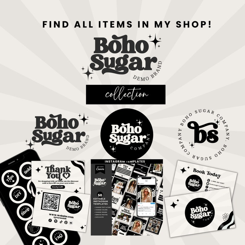 Pode incluir: Uma cole&ccedil;&atilde;o de produtos digitais em preto e branco para m&iacute;dia social. Os produtos incluem modelos do Instagram, logotipos e cart&otilde;es de visita. Os logotipos apresentam o texto "Boho Sugar" em uma fonte estilizada. Os cart&otilde;es de visita apresentam o texto "Reserve hoje" e "Boho Sugar".