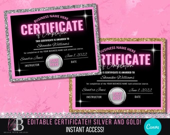 Certificate of Completion Design, Editable Lash Certificate, DIY Canva Completion Certificate, Nails - Hair- Body Contouring Certificate