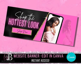Website Banner, DIY Web Banner, Neon, Pink, Gold, Website Banner, Editable Website Banner, Canva Editable Web Banner, Hair Web Banner