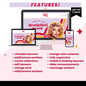 Puede incluir: Una plantilla de dise&ntilde;o de sitio web rosa y amarilla con el texto "Sugar Crush" y "Echa un vistazo a nuestros Bestsellers" en un coraz&oacute;n rojo y blanco. El dise&ntilde;o del sitio web presenta un banner clickable, agregar/eliminar secciones, crear colecciones, editar banners, cambiar textos y reorganizar secciones. El sitio web es completamente receptivo e incluye banners m&oacute;viles y de escritorio, anuncios de diapositivas y la posibilidad de cambiar los esquemas de colores.