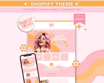Retro Pink Shopify Theme Template with Banners Editable in Canva, Shopify 2.0 Website Template, Pink Cute Ecommerce Web Template for Bakery