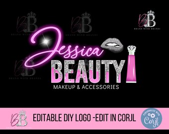 May include: Editable DIY logo template for a beauty business called "Jessica Beauty" with the tagline "Makeup & Accessories". The logo features a pink and silver glitter design with a crown, lips, and a perfume bottle. The logo is customizable in the online design platform, Corjl.