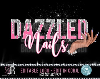Puede incluir: Un logotipo para un salón de uñas, con las palabras "DAZZLED Nails" en rosa y purpurina plateada. También se muestra una mano con uñas largas y decoradas. El texto "EDITABLE LOGO - EDIT IN CORJL INSTANT ACCESS!" se muestra debajo.