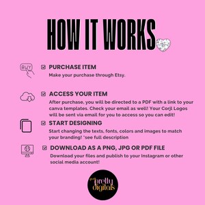 May include: A pink graphic with the text "HOW IT WORKS" in black bold letters. A diamond heart icon is to the right of the text. The graphic outlines the steps to purchase, access, design, and download digital products. The steps are illustrated with icons and text. The text includes "PURCHASE ITEM", "ACCESS YOUR ITEM", "START DESIGNING", and "DOWNLOAD AS A PNG, JPG OR PDF FILE".