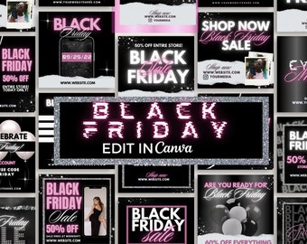 May include: A collection of 12 social media graphics for Black Friday sales. The graphics feature a black background with pink text and glittery accents. The text includes phrases like "Black Friday Sale", "50% Off", and "Shop Now".