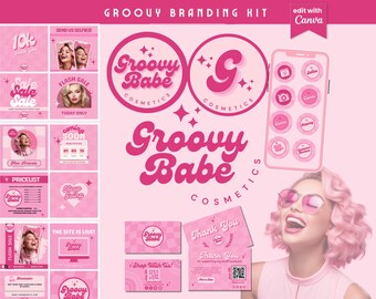Retro Branding Kit, DIY Boho Logo Set, Instagram Post Templates, Highlight Covers, Pink Retro, Lash, Nail, Hair, Makeup Logo, Beauty Brand