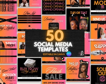 May include: A collage of 50 social media templates for businesses, featuring a variety of designs with pink and orange colour schemes. The templates include text such as "Grand Opening", "Shop Now Pay Later", "Bundles Prices", "Flash Sale", "Sold Out", and "Tag Us in Your Selfies".