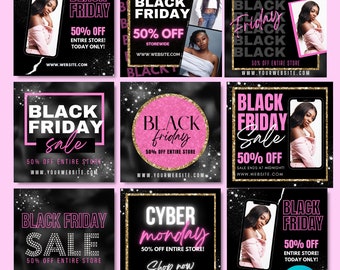 May include: Eight editable Black Friday sale templates with pink and gold accents. The templates feature a variety of designs, including a sale announcement, a cyber Monday sale, and a Black Friday sale. The templates are perfect for promoting your business on social media.