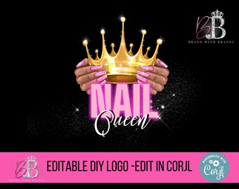 Puede incluir: Diseño de logotipo DIY editable para un salón de manicura. El logotipo presenta una corona rosa y dorada con las palabras "Nail Queen" en texto rosa. El logo es personalizable y se puede editar en la plataforma de diseño Corjl.