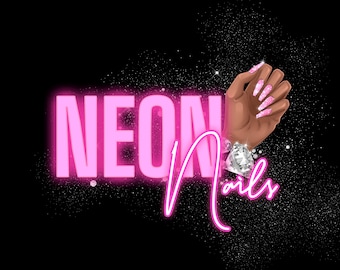 May include: Neon pink text that reads "NEON Nails" with a pink glitter background. A hand with pink and white glitter nails and a diamond ring is shown on the right side of the image.