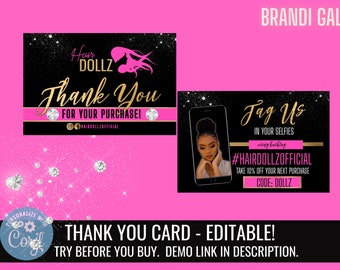 Editable Thank You Card, DIY Selfie Postcard for Eyelash/Hair/Cosmetics/LipGloss/Beauty Brands. Hair Thank You Card, Feminine Postcard