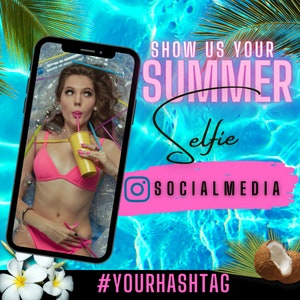 May include: A woman in a pink bikini is floating in a pool of water. She is holding a yellow drink and a straw. The image is in a phone screen with the text "SHOW US YOUR SUMMER Selfie SOCIAL MEDIA #YOURHASHTAG" on the right side of the image.