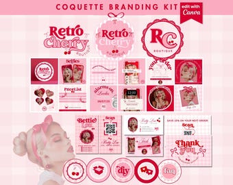 Coquette Retro-brandingkit: kersenstrikontwerp (bewerkbare canvassjabloon)