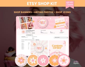 Etsy Shop Kit - Editable Canva Templates, Retro Banners, Listing Images & Shop Logos for Pink Peach Small Business Branding