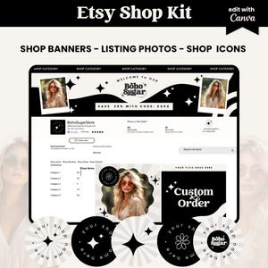 May include: An Etsy Shop Kit graphic with the text "Etsy Shop Kit" and "SHOP BANNERS - LISTING PHOTOS - SHOP ICONS". The design includes a mock-up of an Etsy shop with banners, listing photos, and shop icons. The shop name is "BohoSugarStore".