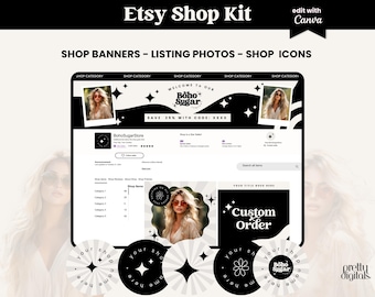 Etsy Shop Kit Templates - Etsy Shop Banner Templates Canva - Etsy Branding Kit - Etsy Store Listing Design - Boho/Retro Editable Templates