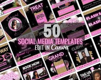 May include: A collection of 50 social media templates for businesses. The templates feature a black background with pink and gold accents. The text "50 Social Media Templates Edit in Canva" is displayed in the centre of the image.