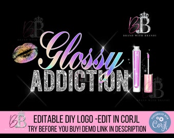 May include: Glossy Addiction logo design featuring a pink and purple iridescent text with glitter overlay. The text is surrounded by a pink lip, a clear lip gloss tube, and a pink lip gloss applicator. The logo also includes the text "Brand with Brandi" in black text.