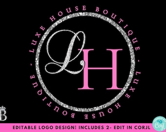 May include: A silver glitter circle logo with the text "LUXE HOUSE BOUTIQUE" surrounding the letters "LH" in pink. The "L" is a cursive script and the "H" is a block letter.