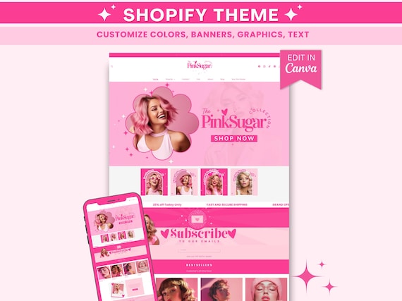 Pink Retro Shopify Theme - Customizable Boutique Website Template for Fashion & Makeup Businesses, Editable in Canva