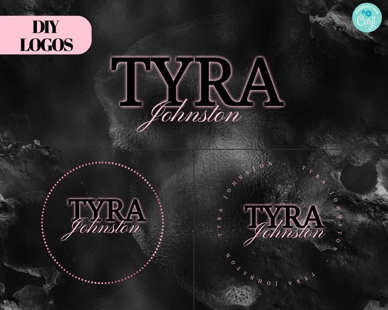 May include: Black and white logo design with the name "TYRA Johnston" in a bold, sans-serif font. The logo is displayed in three different styles: a simple text version, a circular version with a dotted border, and a circular version with the name repeated around the outside.