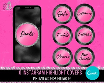 May include: Ten pink and black Instagram highlight covers with silver glitter accents. The covers feature text such as "Deals", "Sale", "Customers", "Frontals", "Restocks", "Closures", and "New Arrivals".