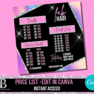 Hair Price List, Price List Template, Price List E-Flyer, Hair E-Flyer, Instagram Hair Flyer, Holographic Template, Pricelist flyer -BB03