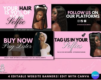 Op de afbeelding: Vier roze en zwarte websitebanners met afbeeldingen van vrouwen met lang zwart haar. De banners adverteren voor een haarbedrijf met de tekst "Je haar is 90% van je selfie", "Shop our luxury hair sale!", "Nu kopen, later betalen", "Selecteer uw optie bij het afrekenen! Betaal in 4 termijnen", "Volg ons op onze platforms", "@yoursocialmedia", "Tag ons in je selfies", "Tag ons op Instagram: @yourinstagram", "Brand with Brandi", en "4 bewerkbare websitebanners! Bewerk met Canva".