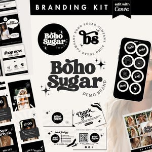 Diseño de kit de marca retro para pequeñas empresas, conjunto de marca retro, logotipos editables de estilo bohemio, hippie y moderno, portadas destacadas y plantillas de Canva.