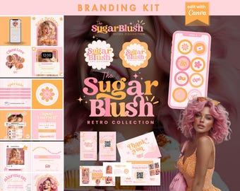 Pastel Pink Peach Retro Branding Kit, Editable in Canva, Logo Templates for Boutique, Beauty, Bakery & Creative Brands