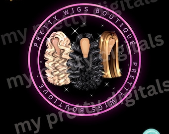 May include: A pink circle with the text "Pretty Wigs Boutique" in white. The circle is surrounded by a black background with sparkling stars. Three women's wigs are shown in the circle: one blonde, one black, and one brown.