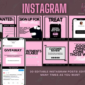 Op de afbeelding: Een verzameling van 30 bewerkbare Instagram-posttemplates in roze en zwart. De templates bevatten tekst zoals "Gevraagd", "Meld je aan voor tekstmeldingen", "Trakteer jezelf", "Giveaway Time", "Afspraken beschikbaar", "Klantbeoordeling" en "Goede dingen komen naar degenen die hard werken".