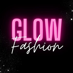 May include: Pink neon sign with the text "GLOW Fashion" on a black background with white glitter.
