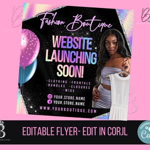 Può includere: Un volantino promozionale per una boutique di moda con sfondo nero e una donna in abito. Il volantino annuncia il lancio di un sito web con il testo "WEBSITE LAUNCHING SOON!" ed elenca abbigliamento, pacchi, chiusure e parrucche. Include i social media e un indirizzo web.