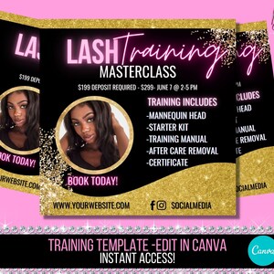 Puede incluir: Un folleto rosa y dorado con el texto "LASH training MASTERCLASS" en rosa y dorado con purpurina. El folleto incluye información sobre un curso de formación de pestañas, incluyendo la fecha, la hora, el precio y lo que se incluye en la formación. El folleto también incluye una foto de una mujer con el pelo largo y oscuro y una camisa negra.