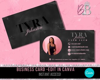 Tarjeta de presentación de Lash Tech, diseño de tarjeta de presentación editable de extensiones de cabello, tarjeta de presentación minimalista, plantilla comercial editable de Canva