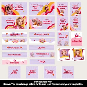 Puede incluir: Una colecci&oacute;n de banners de redes sociales coloridos con acentos rosas, rojos y amarillos. Los banners presentan texto como "Nuevas llegadas", "Bestsellers", "Sugar Crush", "En oferta", "Rese&ntilde;as", "Cont&aacute;ctanos", "Instagram", "Suscr&iacute;bete" y "Preguntas frecuentes".