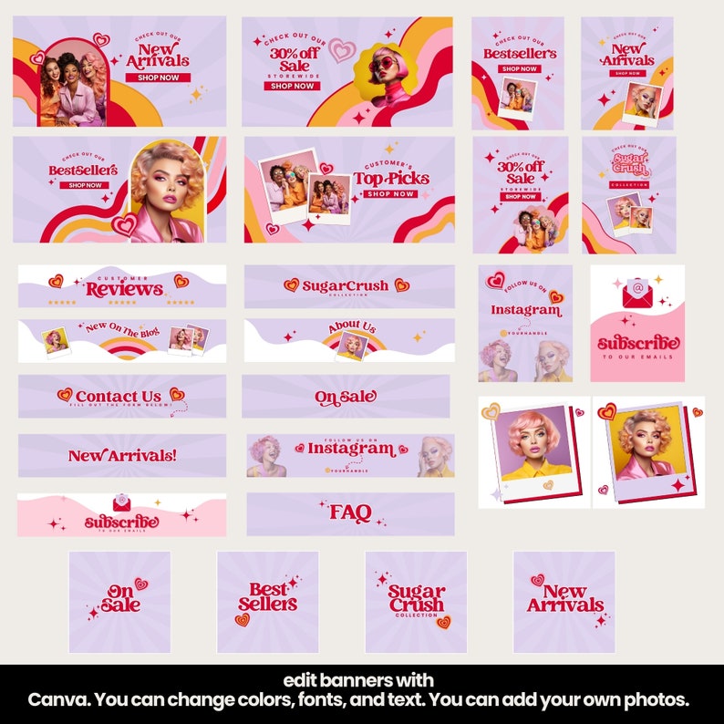 Puede incluir: Una colecci&oacute;n de banners de redes sociales coloridos con acentos rosas, rojos y amarillos. Los banners presentan texto como "Nuevas llegadas", "Bestsellers", "Sugar Crush", "En oferta", "Rese&ntilde;as", "Cont&aacute;ctanos", "Instagram", "Suscr&iacute;bete" y "Preguntas frecuentes".