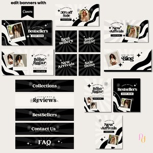 Pode incluir: Um conjunto de banners de m&iacute;dia social em preto e branco com um tema boho. Os banners apresentam texto como "Best Sellers", "New Arrivals", "Sale Items" e "Boho Sugar".
