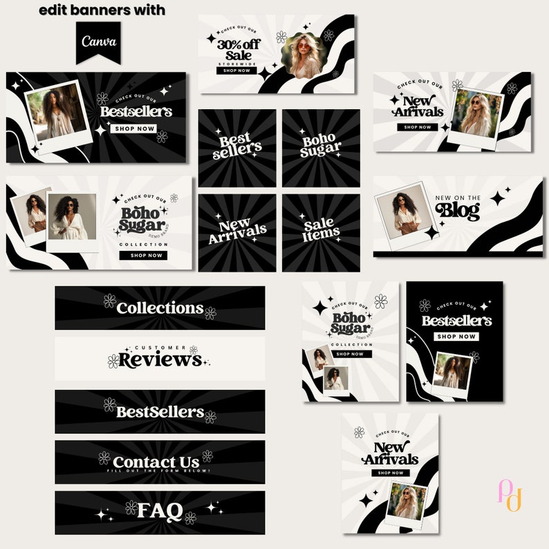 Pode incluir: Um conjunto de banners de m&iacute;dia social em preto e branco com um tema boho. Os banners apresentam texto como "Best Sellers", "New Arrivals", "Sale Items" e "Boho Sugar".