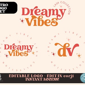 Set di loghi retrò per piccole imprese, set di loghi preconfezionati fai da te Boho, cosmetici modificabili Groovy/Hippie/anni '70. Logo con sottomarchio e filigrana, ciglia/capelli