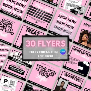 Social Media Posts, 30 Editable Instagram Flyers, Pink and black IG post templates, Canva Flyer, Instagram Post, Hair, Lash, DIY Flyers