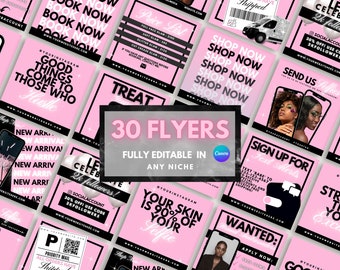 May include: A collection of 30 pink and black social media templates with text overlays. The templates feature various designs and messages, including "Shop Now", "New Arrivals", "Let's Celebrate", and "Be Stronger Than Your Excuses".
