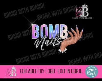 Puede incluir: Diseño de logotipo DIY editable para un salón de manicura llamado "BOMBY Nails". El logotipo presenta una mano con uñas arregladas, una corona y el texto "BRAND WITH BRANDI".