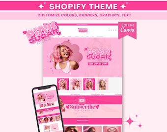Retro Shopify Theme - Pink Customizable Shopify 2.0 Template - Premade Ecommerce Website - Editable Canva Banners, Bright Shopify Boutique