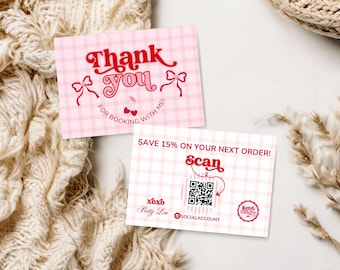 Coquette Thank You Card Template - Retro Pink Bow & Cherry Marketing Cards, Customizable in Canva